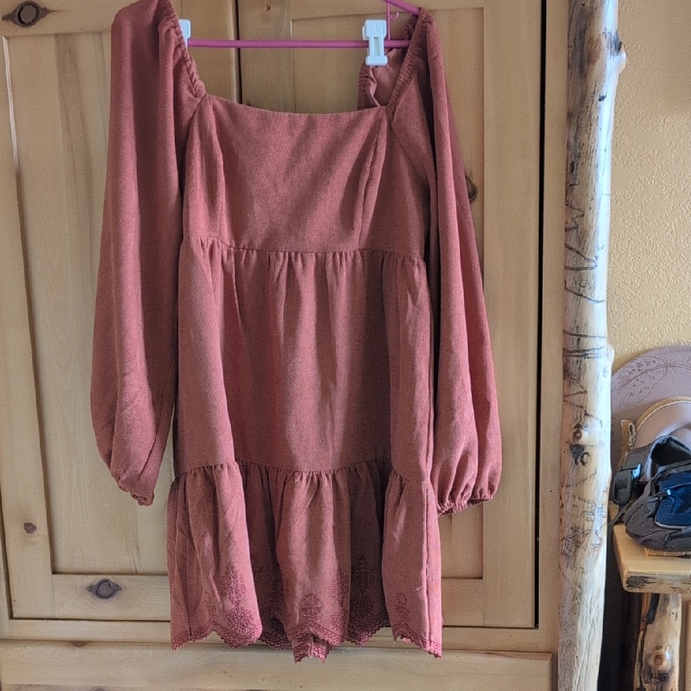 Hem & Thread Rust Long Sleeve Tiered Mini Dress